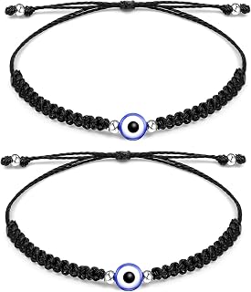 Jewanfix Evil Eye String Bracelets Handmade Black String Evil Eye Bracelet for Women Men Teen Girls Boys 2pcs