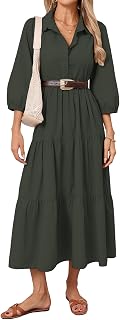Women Button Down Maxi Shirt Dress Long Sleeve Flowy Tiered Collared Dresses with Pockets