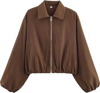 Xunger Chaqueta bomber corta para mujer, mangas abullonadas, cremallera, ropa de calle informal de moda con bolsillos