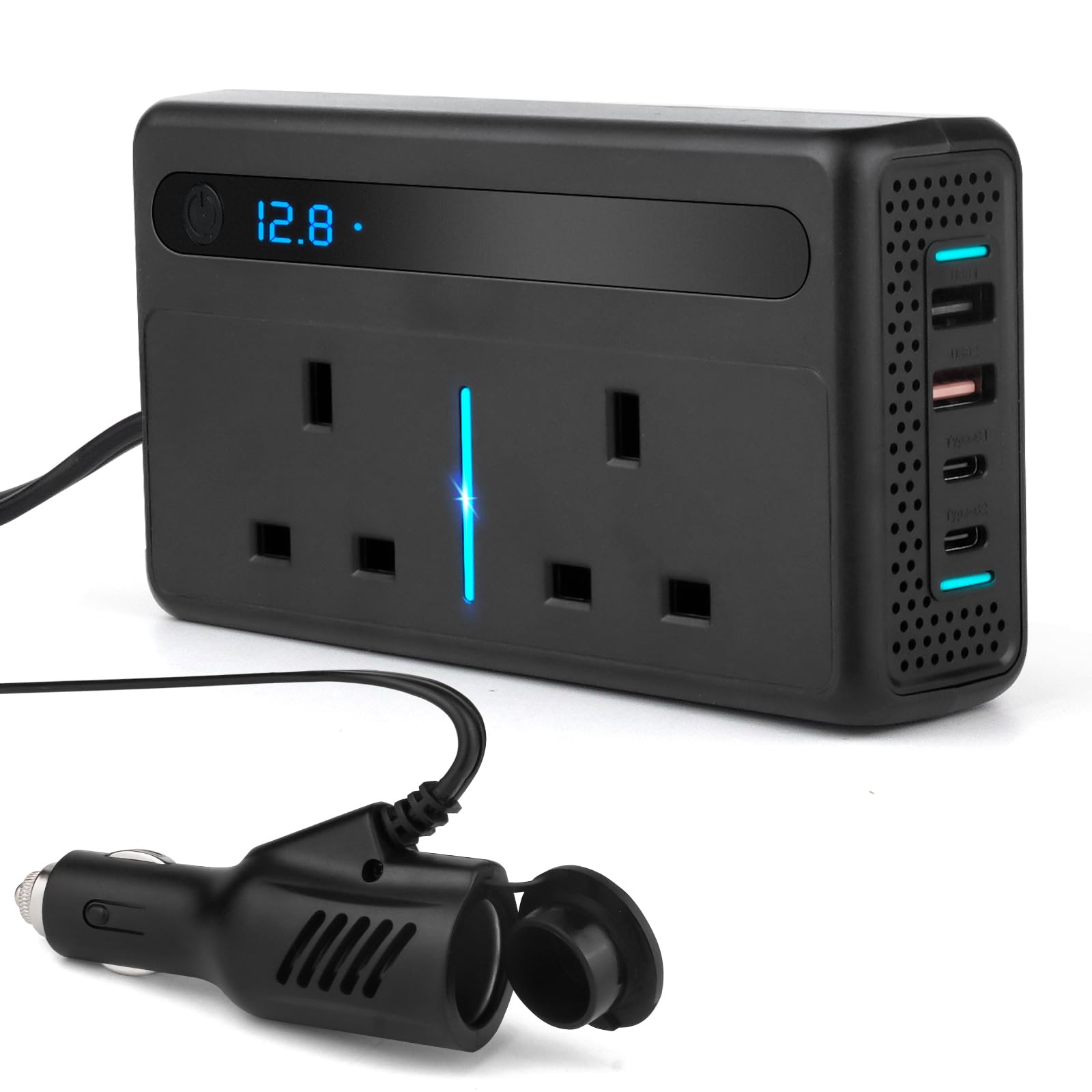 Upgraded 300W Car Power Inverter DC 12V to AC 240V with 2 UK Plug Sockets, 2 USB
