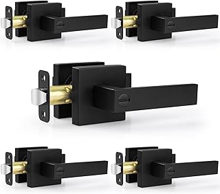 Estmoon 5 Pack Matte Black Door Handles Interior Door Knobs | Keyless Privacy Door Lock, Heavy Duty Solid Zinc Alloy, Thumb-Turn Lock for Bedroom Bathroom, Square Rosette, Easy to Install