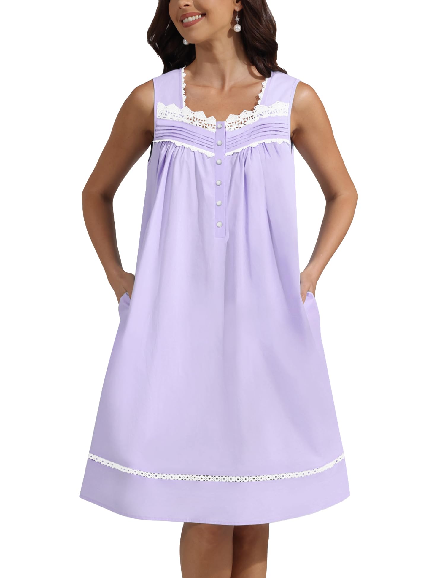 Pearl Snap Button 100% Cotton Nightgown for Women Sleeveless Short Nightgown wit