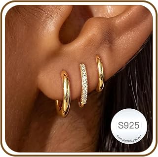 Lunvky 3 Pairs Sterling Silver Hoop Earrings for Girls Women Hypoallergenic 14K Gold Plated Small Huggie Hoops Chunky Earring Sets for Multiple Piercings Sleeper Jewellery Birthday Gifts