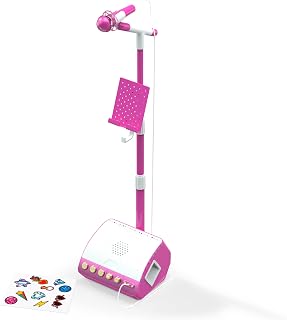 FAO Schwarz Karaoke Microphone with Stand, Device Holder & Built-in Speaker | Adjustable Mic Stand, 5 Built-In Songs, Aux Input, Device Holder, Voice Effects, Stickers, Karaoke Singing Toy, Gift for Kids
