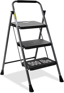 GOLYTON 3 Step Ladder,Step Stools for Adults, 500lbs Capacity | Step Stool Foldable, Steel Ladder for Household and Office, Grey