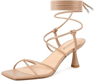ISNOM Strappy Sandals for Women Kitten Heels Lace Up Heels Stiletto Heels Wrap Around Heels with Square Toe