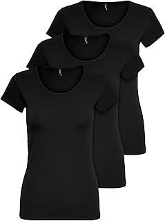 ONLY 15209153 Women's Black or White Short Sleeve T-Shirt, Long Basic Summer T-Shirts, XS S M L XL, Pack of 3