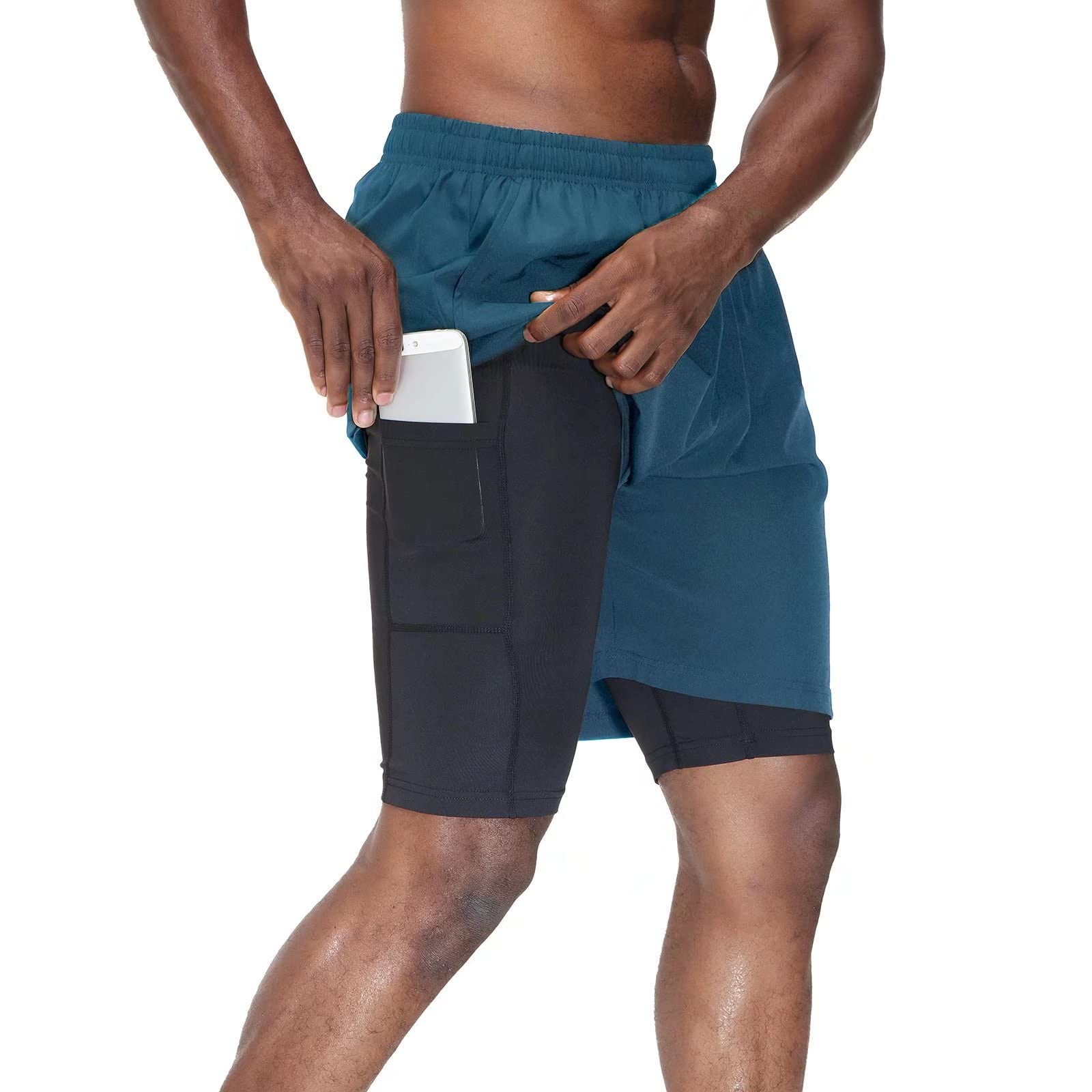 HMIYA 2 in 1 Men's Sports Shorts Quick Dry Breathable Running Shorts with Zip Po