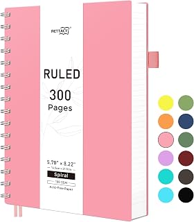 RETTACY A5 Wirebound Spiral Notebook, Lined Notepad, 300 Pages, Pink | Flexible Plastic Cover Note Book, 100 GSM Thick Paper, Writing Journal for Women Men Work Office School - 14.5 × 21 cm