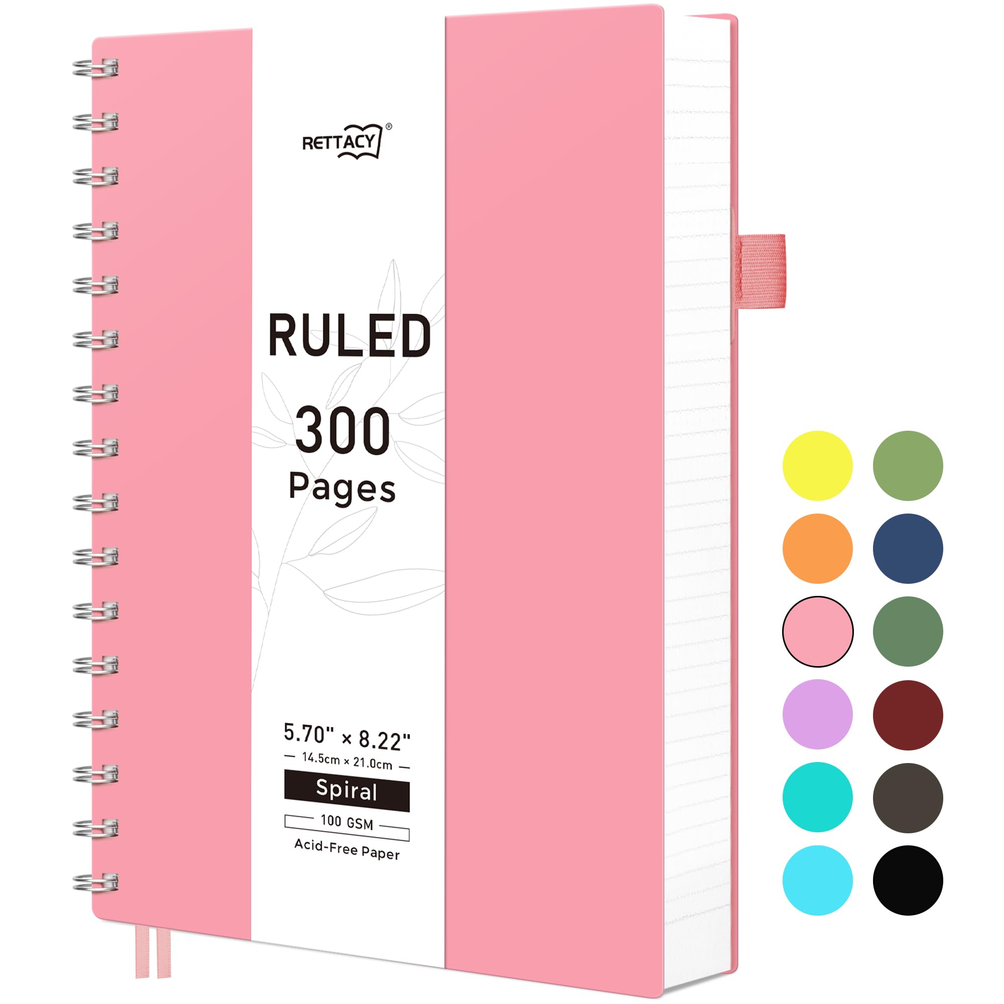 RETTACY A5 Wirebound Spiral Notebook, Lined Notepad, 300 Pages, Pink | Flexible 