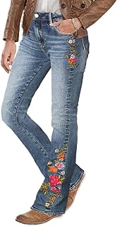 Flamingals Jean Bootcut pour Femme avec Broderie Florale, Taille Moyenne, Haute teneur en Stretch
