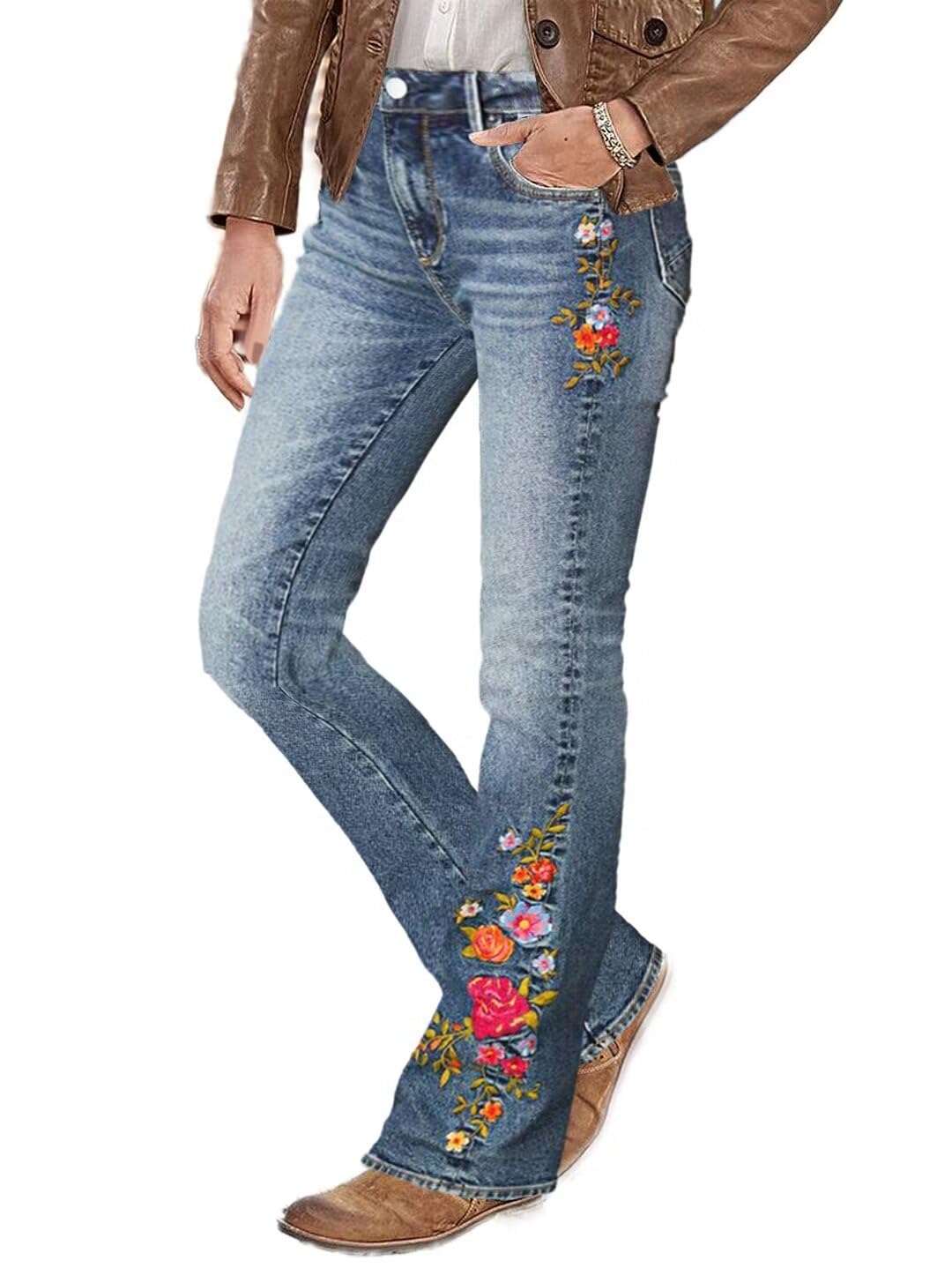Flamingals Jean Bootcut pour Femme avec Broderie Florale, Taille Moyenne, Haute 