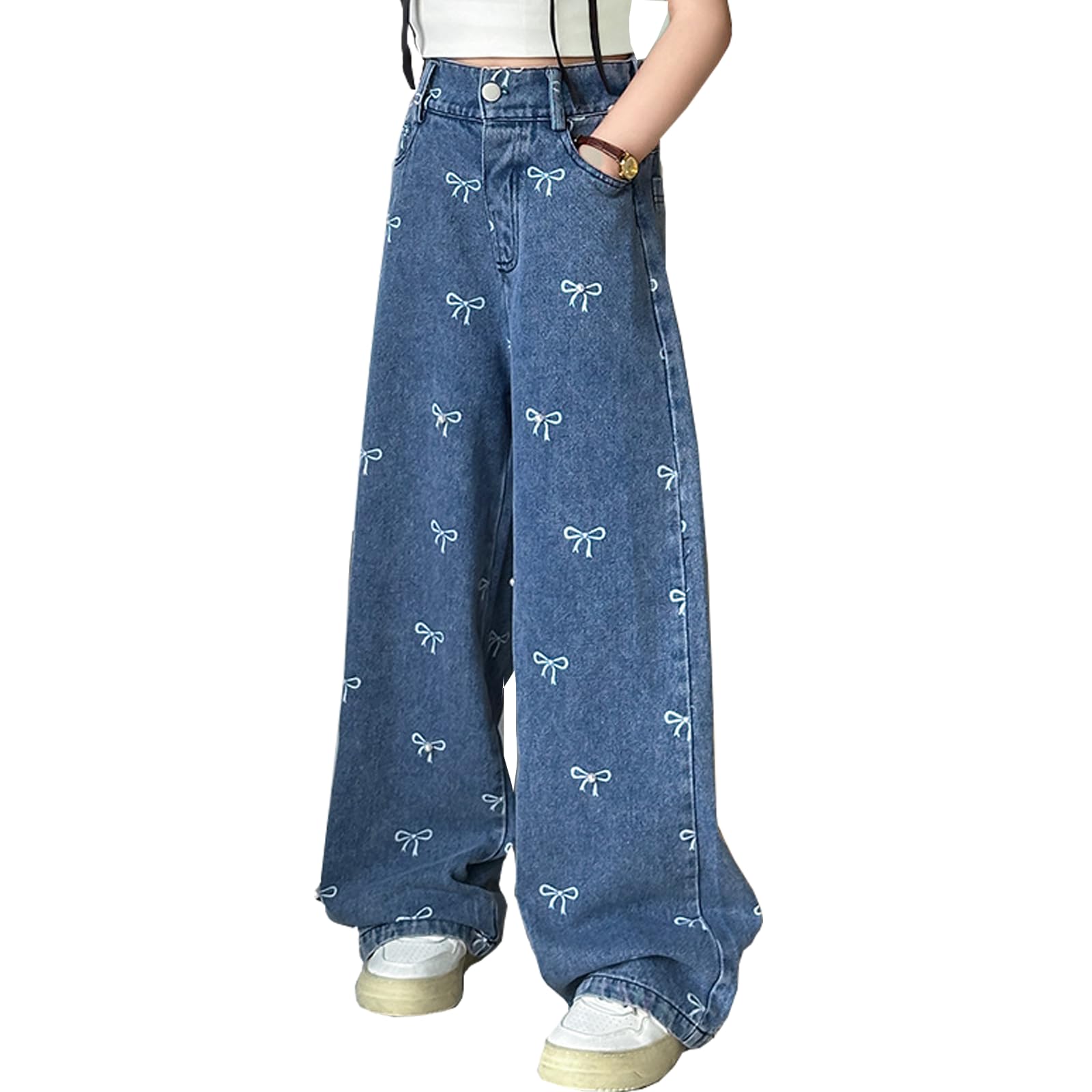 Girls Baggy Jeans Y2K Wide Leg Casual Ripped Cargo Jeans for Kid Teens Size 5-14