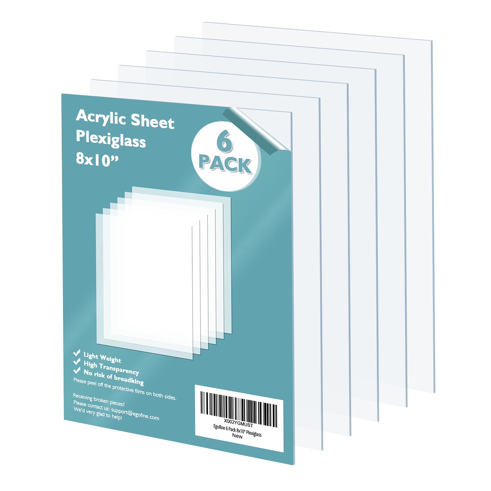 Egofine Plexiglass Sheets Acrylic Sheets 6 Pack of 8x10’’ 0.04 Thick Clear Plast