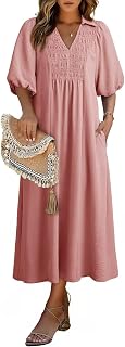 Dokotoo Summer Dresses for Women 2026 Casual Dresses V Neck Puff Sleeve Empire Waist A-Line Maxi Dress