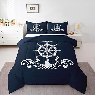 Erosebridal - Set di biancheria da letto con ancora nautico, colore blu navy, copripiumino Queen size, bussola costiera, set copripiumino con motivo oceano blu navy