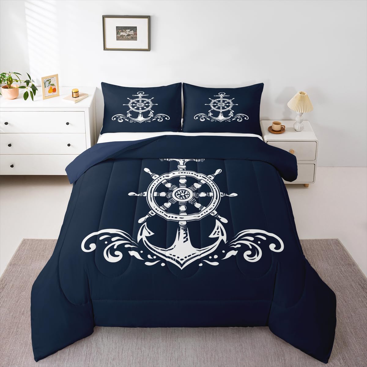 Erosebridal - Set di biancheria da letto con ancora nautico, colore blu navy, co