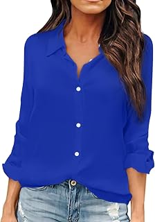 OMSJ Women Button Down Shirts Long Sleeve Chiffon Office V Neck Casual Business Blouses Tops