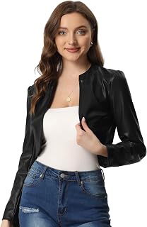 Allegra K Chaqueta de piel sintética para mujer, con frente abierto, manga larga, piel sintética recortada
