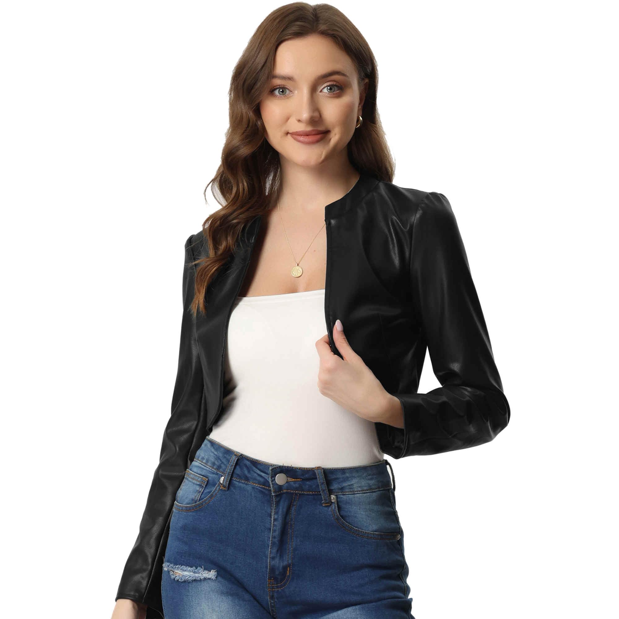 Allegra K Chaqueta de piel sintética para mujer, con frente abierto, manga larga