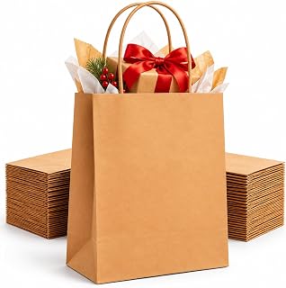 HURUC Brown Paper Bags with Handles 50 Pack Medium 130 GSM | Strong kraft paper bags for gifts, shopping, birthdays, christmas and everyday use.