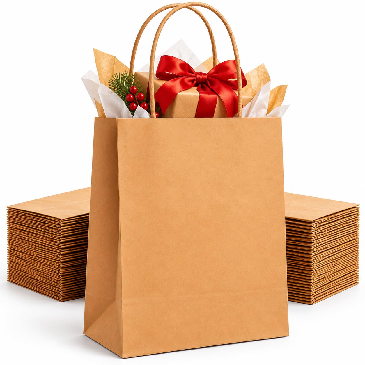 HURUC Brown Paper Bags with Handles 50 Pack Medium 130 GSM | Strong kraft paper 