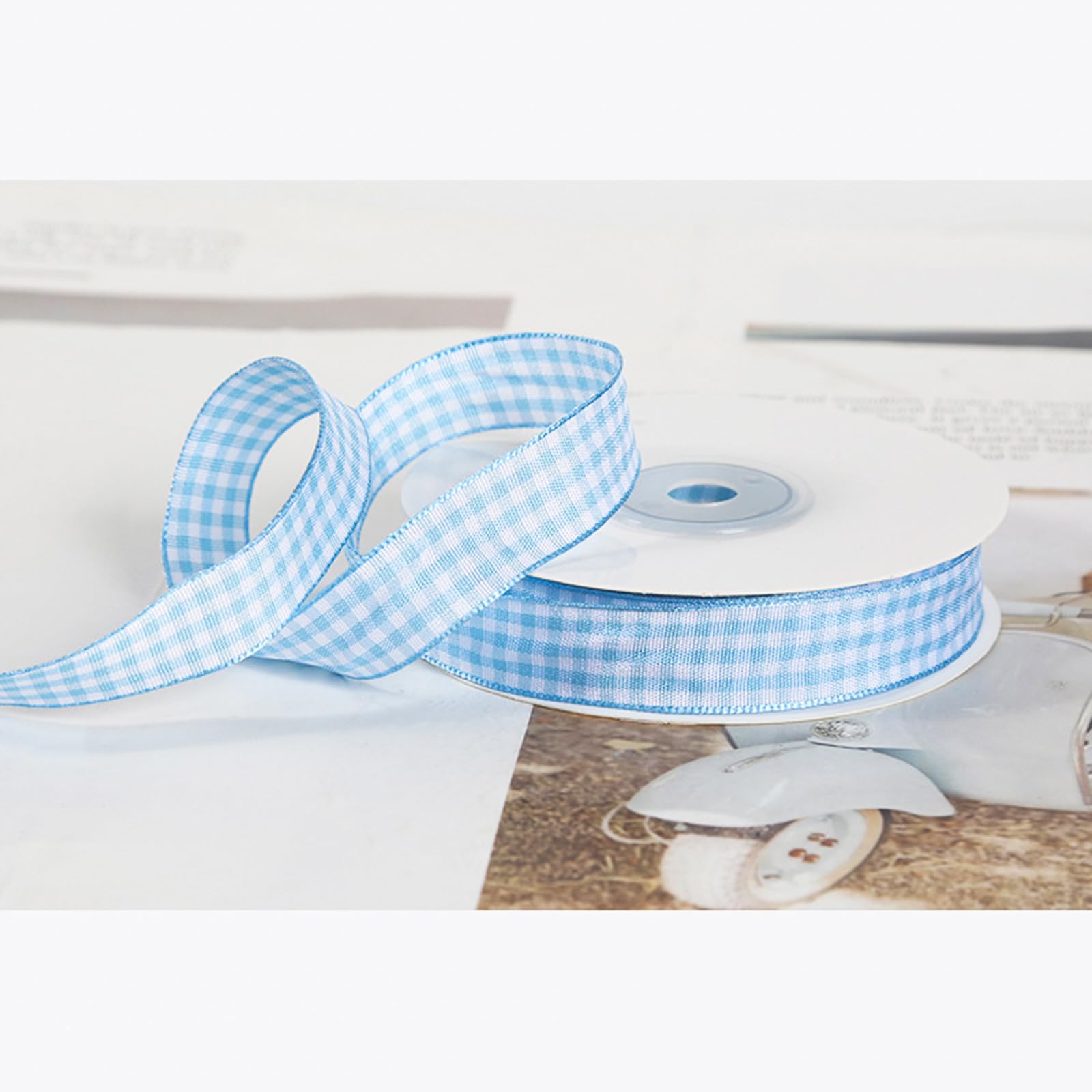 5/8" x 25 Yards Light Blue Gingham Ribbon for Gift Wrapping, Crafts, Hair Bows, 