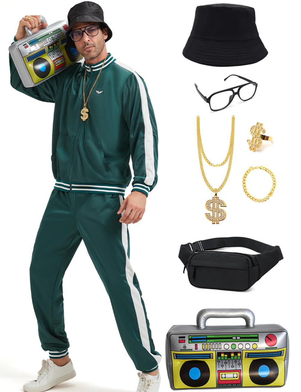 Deaboat Mens 80s 90s Fancy Dress Halloween Hippie Clothing Sports Suit 9pcs