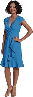 London Times Womens Feminine Ageless Surplice V-Neck Faux Wrap Ruffle Dress Office Event Shower Guest of