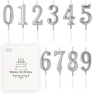 Beanlieve 10-Pieces Numeral Birthday Candles - Cake Numeral Candles Number 0-9 Glitter Cake Topper Decoration for Birthday,Wedding Anniversary,Party Celebration (Silver)