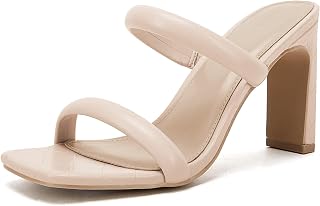 Coutgo Womens Square Open Toe Heeled Sandals Two Strap High Heel Backless Dress Slip On Mules