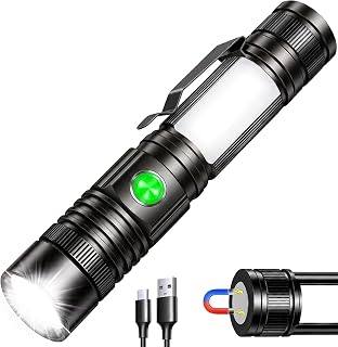 REHKITTZ Rechargeable LED Torch, 2000 Lumens, Super Bright | Magnetic COB Work Light, Adjustable Focus, Pocket-Sized, Impact-Resistant Aluminium Body, Water-Resistant Flashlight, 4 Modes