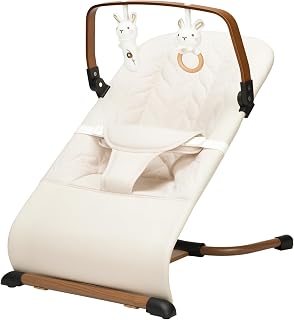 Portable Baby Bouncer, Bouncer Seat for Babies 0-12 Months, 3 Recline Positions, Foldable Baby Rocker Chair with Removable Wooden Bar, Beige