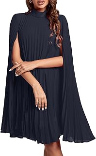 Rooscier Damen-Midikleid mit Stehkragen, Umhangärmel, plissiert, Schlüsselloch-Rücken, fließendes Partykleid, Marineblau, Klein