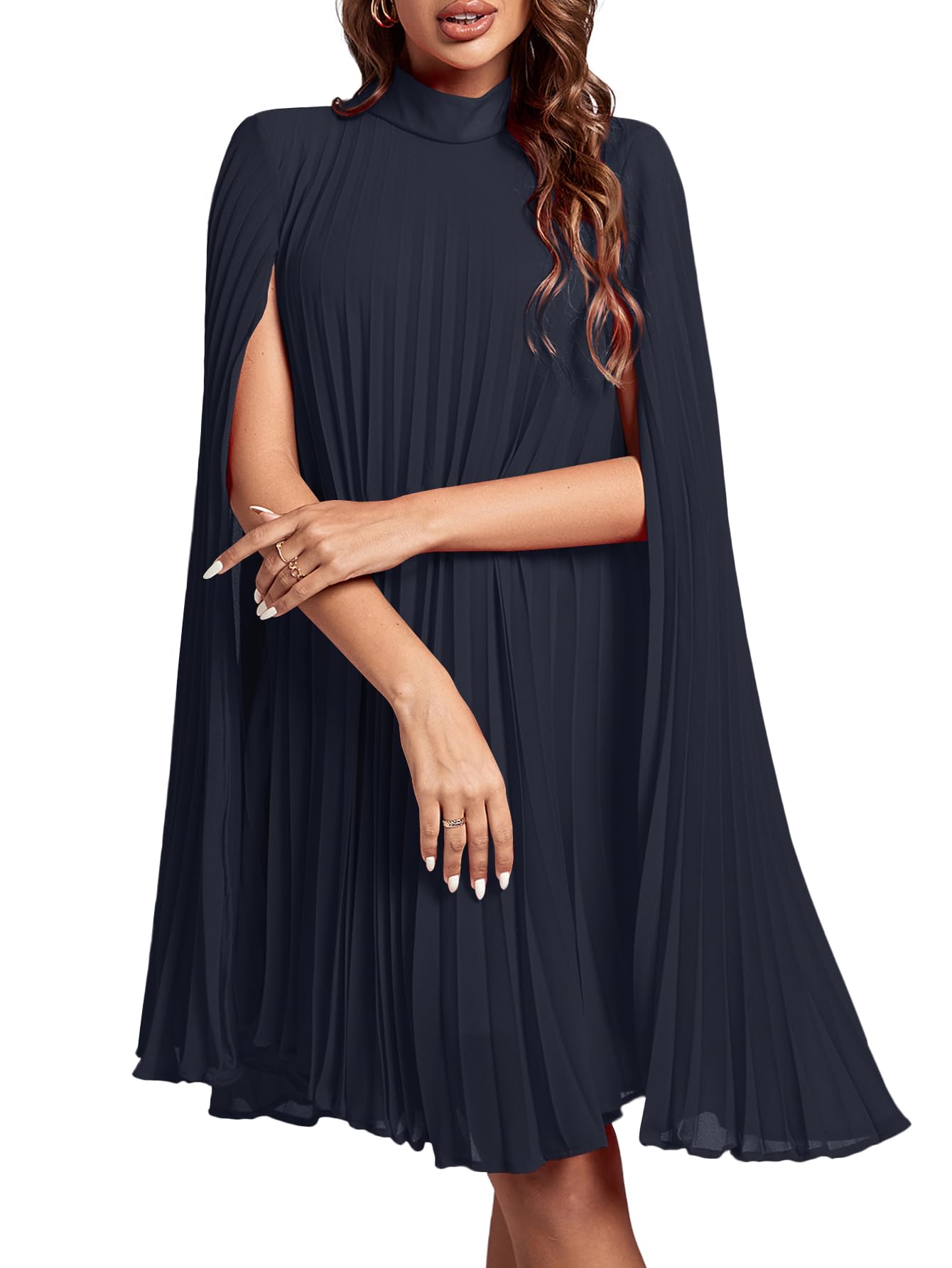 Rooscier Damen-Midikleid mit Stehkragen, Umhangärmel, plissiert, Schlüsselloch-R