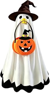 Porch Goose Halloween Ghost Outfits with Witch Hat & Treat Bag | Spooky Ghost Costume Set for 23' Cement Lawn Statue, Holiday Accessories Ornament for Yard Lawn Porch Home Decoration