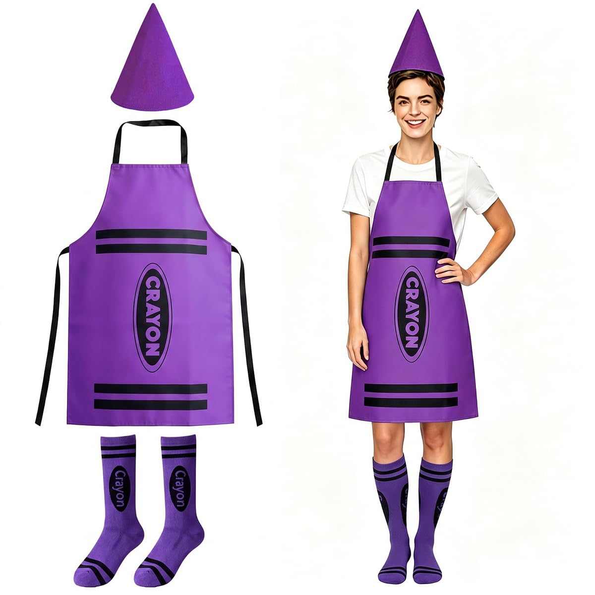 3PCS Crayon Costume Adult Halloween Costume Women with Apron Cone Hat Socks | Fu