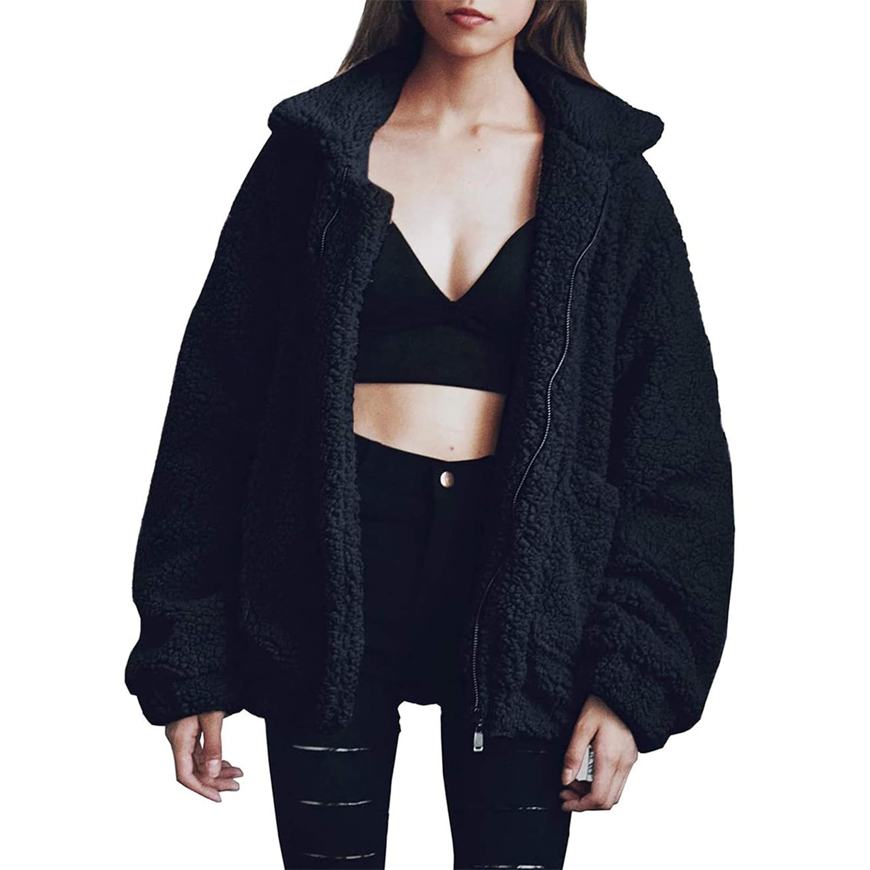 Prettygarden Women Long Sleeve Lapel Zipper Loose Fit Faux Shearling Long Fur Co
