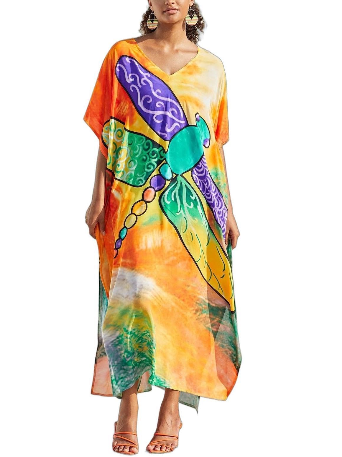 KECVOT Kaftan Dresses for Women V-Neck Print Swimsuit Cover Up Plus Size Beach C