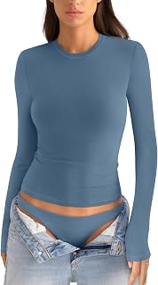 EasyGala Cotton Long Sleeve Shirts Women Crew Neck Slim Fit Basic Going Out Crop Y2k Outfits for Spring Fall Crewneck Tight Tops Fashion Trendy Undershirt Stretchy 2025 Teal Kyanite Blue