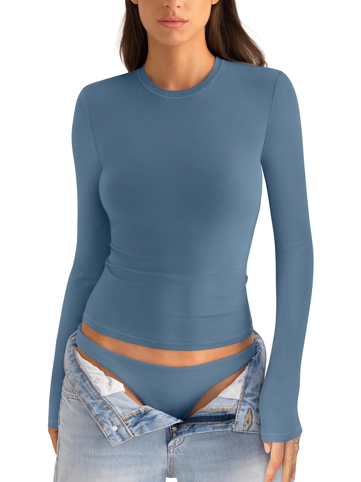 EasyGala Cotton Long Sleeve Shirts Women Crew Neck Slim Fit Basic Going Out Crop
