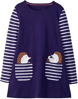VIKITA Girls Dresses Cotton Animal Embroidery Long Sleeve Dress for Kids