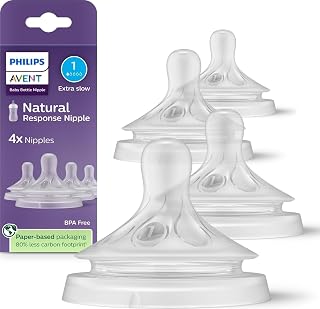Philips Avent Natural Response Nipples, Extra Slow Flow, BPA-Free, 4-Pack | Baby-Controlled Flow, No-Drip Design, Anti-Colic Valve, Wide Breast-Shaped Nipple, 4-Pack, SCY961/44