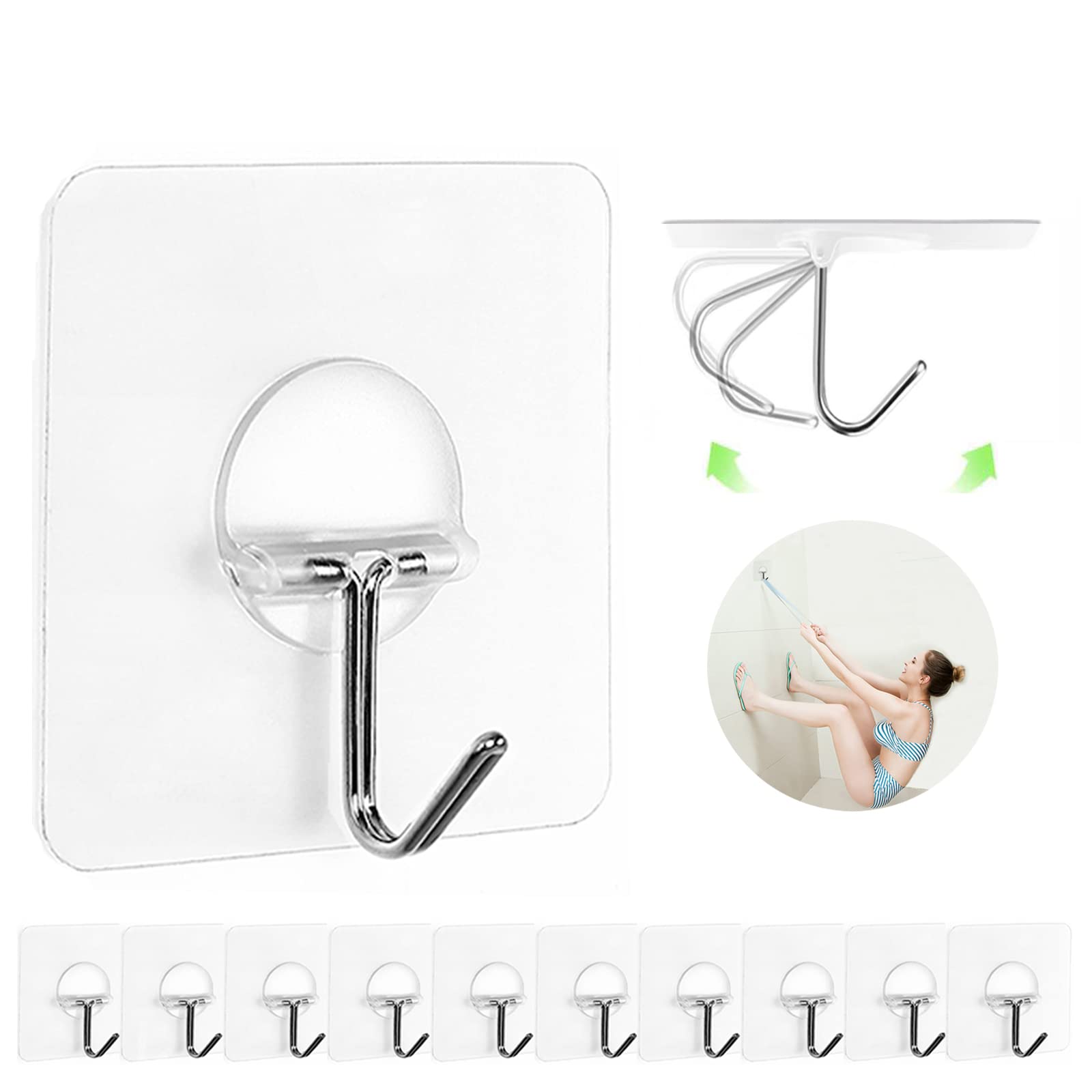 Adhesive Wall Hooks No Drill Clear Heavy Duty, 13LB Sticky 12 Pack | Waterproof 