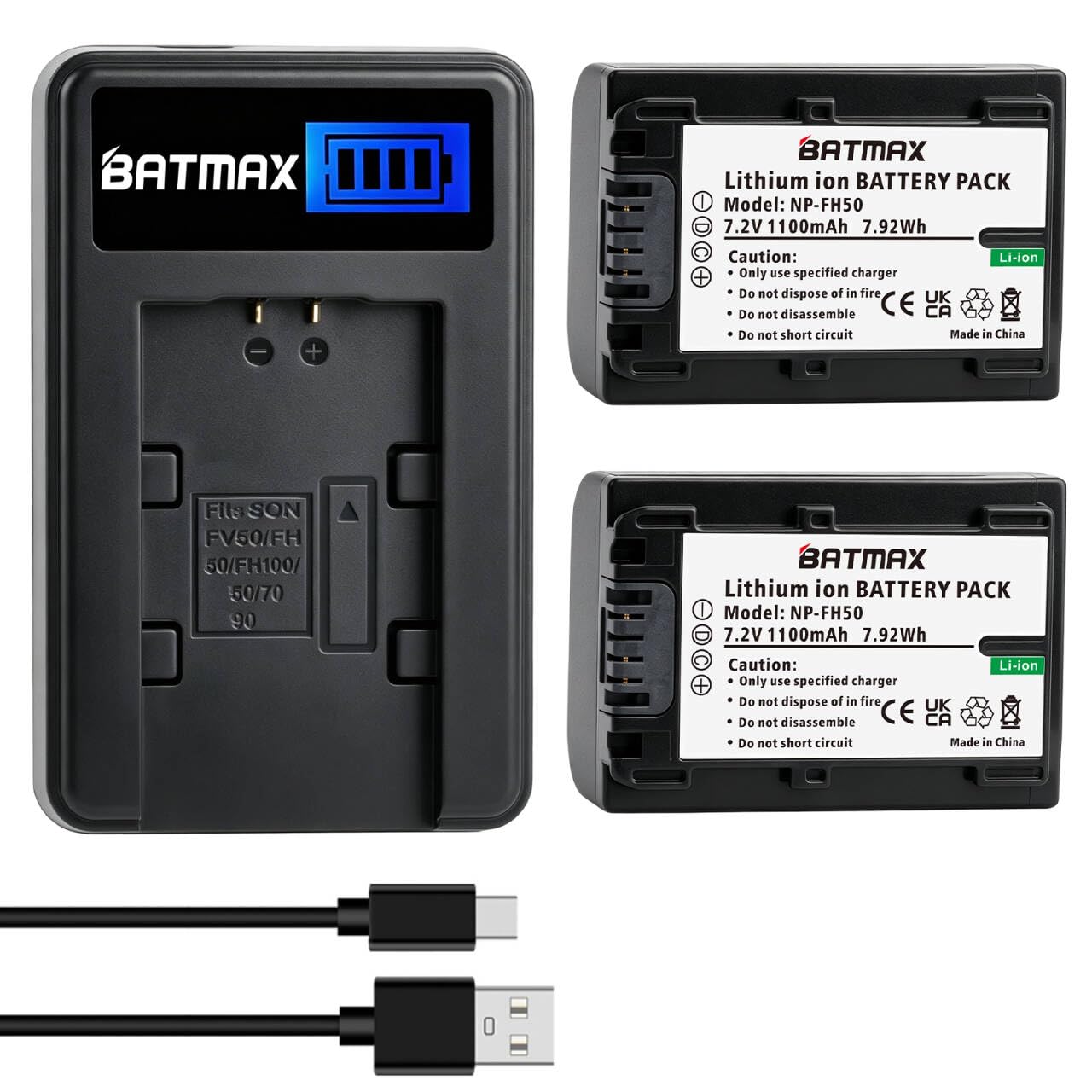 Batmax 2Packs NP-FH50 Battery + LCD USB Charger for Sony NP-FH30,NP-FH40,NP-FH50