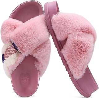 KuaiLu Womens Fuzzy Cross Band Arch Support Memory Foam Indoor Slippers