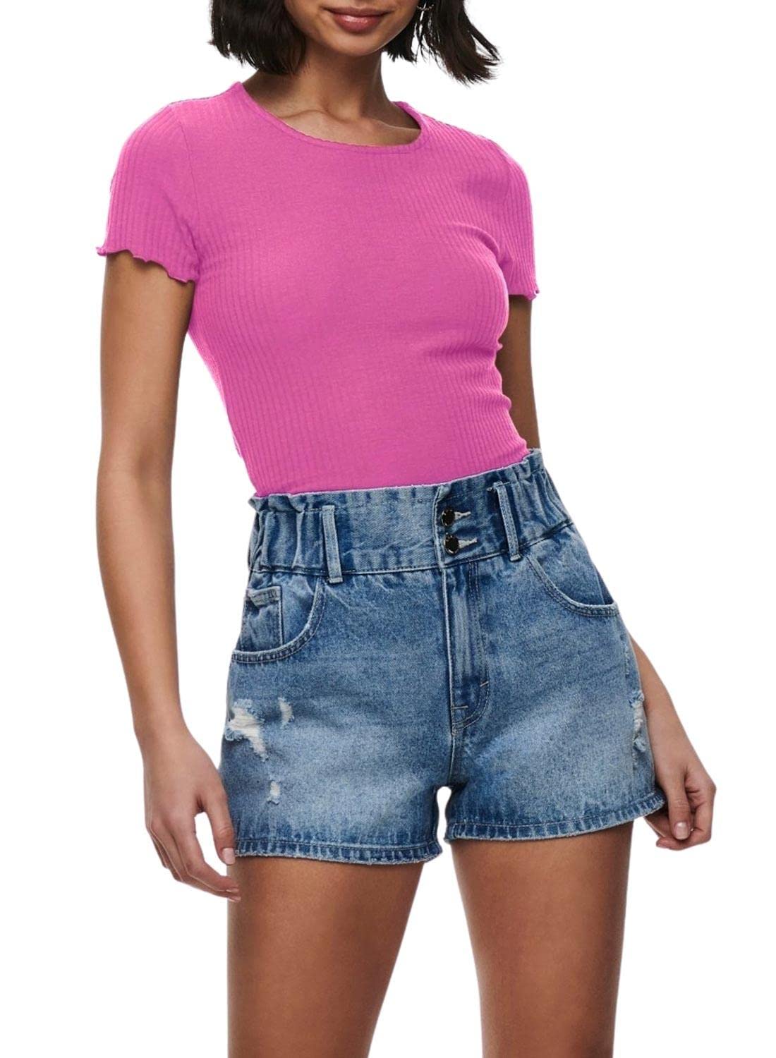 Only ONLEMMA - Ribbed Knit Crop Top with Short Sleeve and Neck