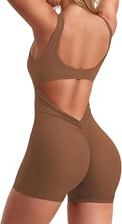 One Piece Workout Jumpsuits for Women Backless Tummy Control Sleeveless V Back Scrunch Yoga Romper
