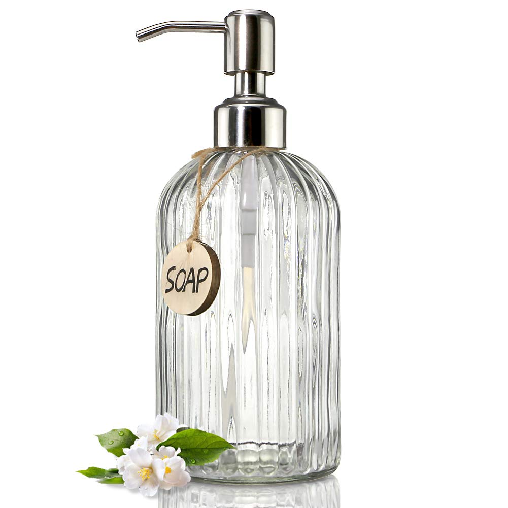 JASAI 18 Oz Clear Glass Soap Dispenser with Rust Proof Stainless Steel Pump | Re