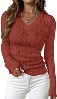PRETTYGARDEN Womens Cable Knit Fitted V Neck Sweaters Tops